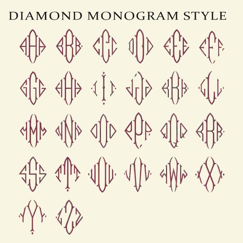 May include: A collection of diamond-shaped monograms in a burgundy color, each featuring a different letter combination. The text "DIAMOND MONOGRAM STYLE" is at the top. The monograms are displayed on a cream-colored background.