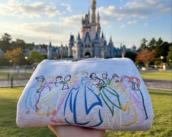 Embroidered Princess Outline Sweatshirt, Disney Princess Shirt, Cinderella Belle Rapunzel, Magic Kingdom Shirt, Disneyland Girl Trip Tee