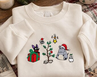 Embroidered Anime Christmas Shirt, Totoro and Jiji Holiday Sweatshirt, Kiki's Delivery Service Hoodie, Totoro Xmas, Kawaii Christmas Gift