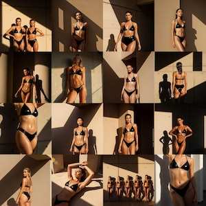 May include: A collage of images featuring various poses of models wearing black bikinis. The bikinis have a glossy, wet appearance. The lighting creates strong shadows and highlights, emphasizing the sleek design and fit of the swimwear. The overall aesthetic is modern and fashion-forward.