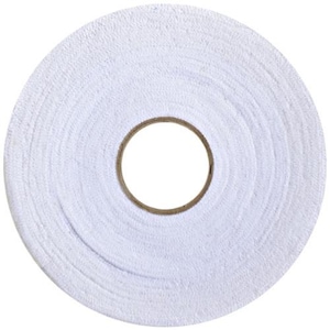 May include: A roll of white fabric tape, viewed from above. The tape is tightly wound, revealing concentric circles. The center of the roll has a brown cardboard core. The texture of the tape appears soft and slightly fuzzy.