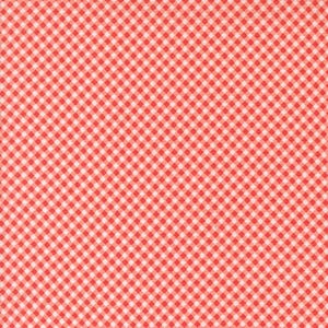 May include: Close-up of a fabric with a red and white gingham pattern. The pattern consists of small, evenly spaced squares, creating a classic and cheerful design. The fabric appears to be cotton or a similar material, suitable for various sewing projects.