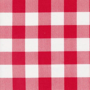 May include: A close-up of a red and white checkered pattern. The pattern consists of evenly sized squares of red and white, creating a classic gingham design. The fabric has a slightly textured appearance.