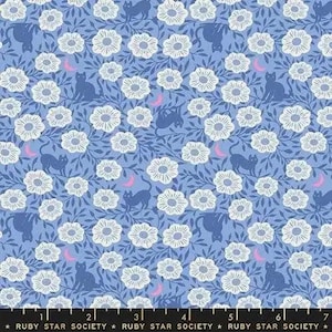 May include: A blue fabric with a repeating pattern of white flowers, black cat silhouettes, and pink crescent moons. The fabric has a floral and feline theme, suitable for quilting or crafting projects. The text "RUBY STAR SOCIETY" is printed at the bottom.