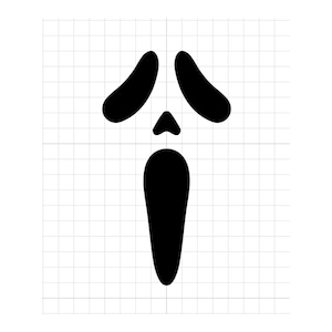 May include: A black and white graphic of a Scream mask, with a distinctive face design: curved eyebrows, a triangular nose, and an elongated, open mouth. The mask is set against a grid background, creating a spooky atmosphere.
