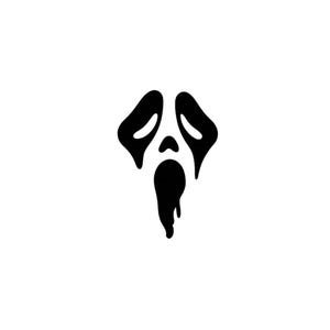 May include: A black and white graphic of a Scream mask. The mask features large, oval eye holes and a wide, open mouth with a dripping effect. The design is a minimalist, stylized representation of a ghost face.