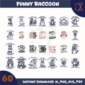Lot SVG de ratons laveurs amusants – 60 citations sarcastiques sur les ratons laveurs pour Cricut et sublimation | Clipart de dictons d'animaux mignons au format PNG