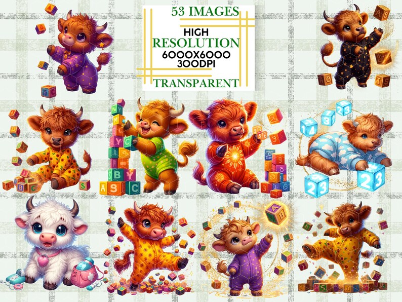 Highland Cow Clipart Bundle Cute Baby Cow Happy Toddler PNG ABC Blocks ...