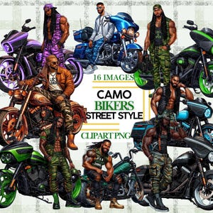Black Biker In Camouflage With Dreads Clipart, Motorcycle Muscular Riders, Urban Men Helmets & Edgy Fashion Sublimation PNG DTF Digital Art