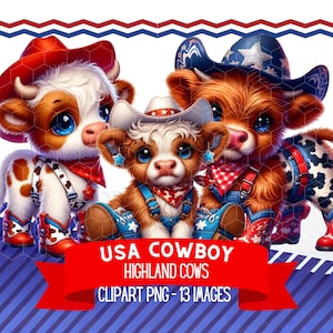 Clipart de vaca de las Tierras Altas del 4 de julio, animal patriótico caprichoso, animal de granja juguetón de EE. UU., vaquero occidental PNG sublimación digital DTF
