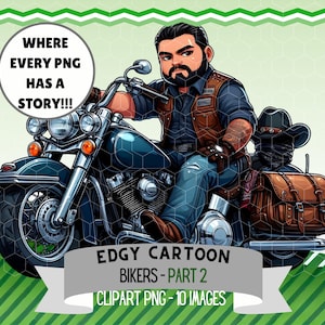 Puede incluir: Ilustración de dibujos animados de un motero en una motocicleta azul oscuro. El motero lleva un chaleco marrón, vaqueros azules y una barba negra. La imagen incluye el texto "WHERE EVERY PNG HAS A STORY!!!" y "EDGY CARTOON BIKERS - PART 2".