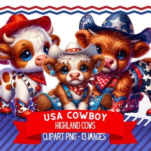 Clipart de vaca de las Tierras Altas del 4 de julio, animal patriótico caprichoso, animal de granja juguetón de EE. UU., vaquero occidental PNG sublimación digital DTF