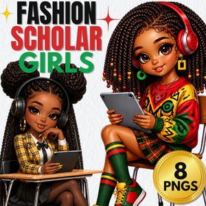 May include: Digital illustration featuring two Black girls with braided hairstyles, wearing headphones and holding tablets. One girl is in a yellow plaid blazer, the other in a red, green, and yellow sweater. The image includes the text "FASHION SCHOLAR GIRLS" and a gold coin with "8 PNGS".