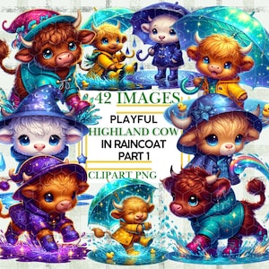 Vaca fofa das Terras Altas com botas de chuva e capa de chuva com guarda-chuva Clipart Pacote Animal de fazenda bebê PNG Arte de parede Sublimação DTF Download digital