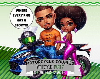 Clipart di coppia di motociclisti neri: pacchetto PNG in stile Harley-Davidson (download digitale)