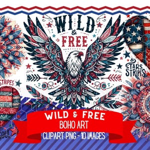 Boho 4 juli clipart, USA mandala, wassende maan, vrede regenboog, adelaar bundel, boho zomer muur kunst PNG sublimatie graphics DTF