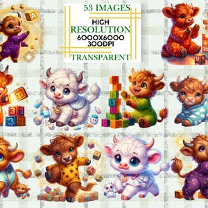 Highland Cow Clipart Bundle Cute Baby Cow Happy Toddler PNG ABC Blocks ...