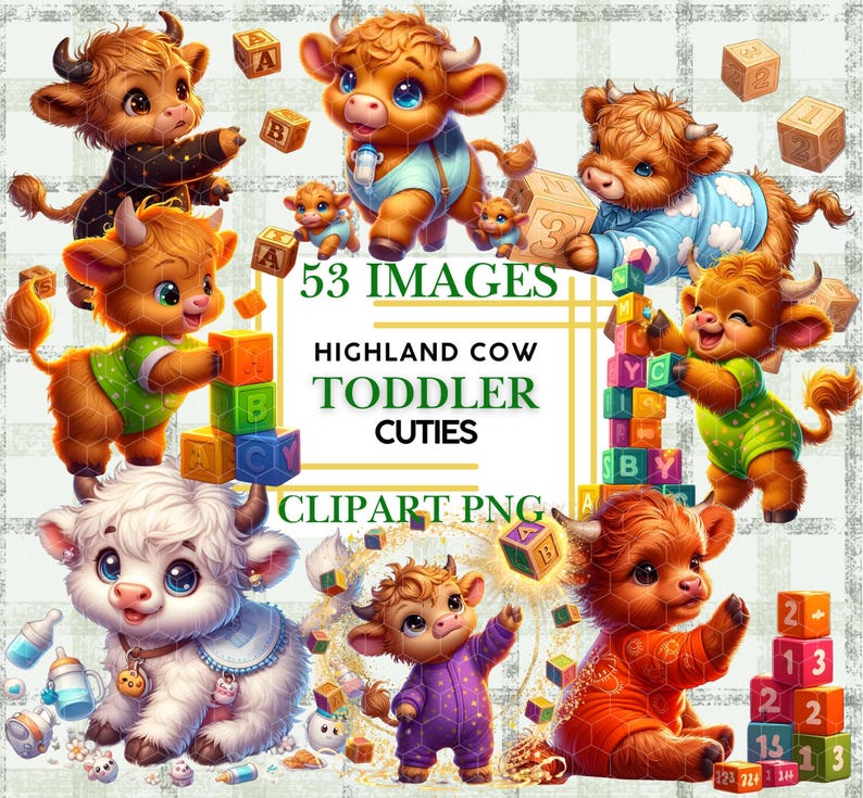 Highland Cow Clipart Bundle Cute Baby Cow Happy Toddler PNG ABC Blocks ...