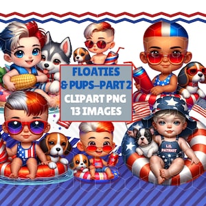 May include: A digital illustration featuring cartoon children and puppies in patriotic swimsuits and floaties. The image includes the text "FLOATIES & PUPS - PART 2 CLIPART PNG 13 IMAGES". The color palette includes red, white, and blue.