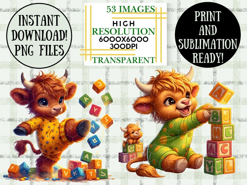 Highland Cow Clipart Bundle Cute Baby Cow Happy Toddler PNG ABC Blocks ...