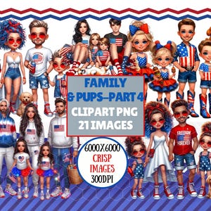 4. Juli liebevolle Familie mit Welpen Clipart, Vaterländisches Paar mit rot weiß blauem Haar und stilvollen Outfits, glücklicher Hund Vibes PNG Sublimation
