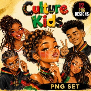 Op de afbeelding: Digitale illustratie met vijf stripfiguren met de tekst "Culture Kids". Een cirkelvormige afbeelding geeft "12 PNG Designs" aan en de woorden "PNG SET" staan onderaan. De personages dragen sieraden en stijlvolle kleding. De achtergrond is goudkleurig.