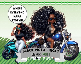 Black Chibi Women Motorcycle Clipart | Curly Hair Dress Riding Art Bundle | Dresses and Sunglasses Digital PNG Sublimation & Stickers