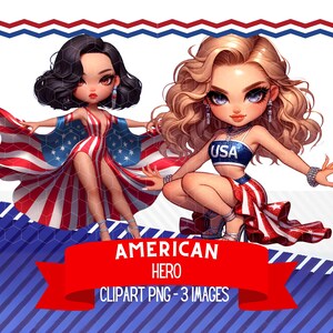 4 juillet femmes super-héros patriotiques femmes américaines Clipart Bundle bande dessinée capes poses féroces art mural sublimation autocollants PNG numérique