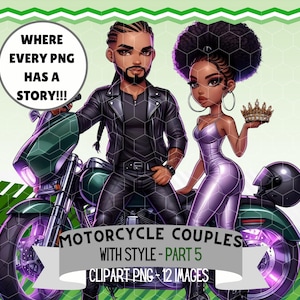 Black Cute Biker Couple Clipart, Men in Leather, Stylish Couples with Motorcycles, Vibrant Outfits, Voluminous Hair & Heels PNG Bundle