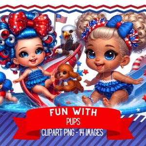 4. Juli Mädchen mit Welpen Clipart, Vaterländischen Kleinkind mit verspielten Hund & rot weiß blauen Haaren, Wasserrutsche Fun Art PNG Sublimationspaket