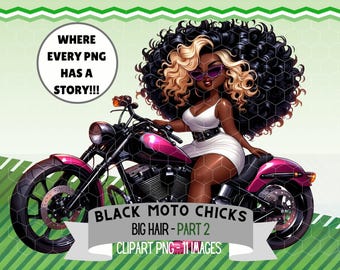 Black Curvy Chibi Motorbike Chick Clipart Bundle | Fashion Women with Big Hair on Harley Motorcycles | Digital Download PNG Sublimation