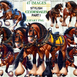 Può includere: Una collezione di 47 immagini digitali che presentano cavalli Clydesdale stilizzati in varie pose. I cavalli sono raffigurati con finimenti e selle elaborate, con dettagli intricati e colori vivaci. Le immagini sono perfette per progetti di artigianato, scrapbooking e design digitale.