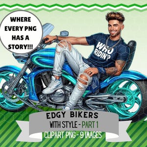 Edgy Biker With Tattoos Clipart, Cartoon Men Posing with Motorcycles, Fun Hairstyles & Attitude PNG Sublimation Art