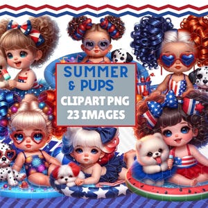 4. Juli Mädchen Clipart mit Welpen & stilvollen Haaren, Vaterländischen Kleinkind in Floaties und Eis am Stil, Sommer Wassermelone Fun Art PNG Sublimation