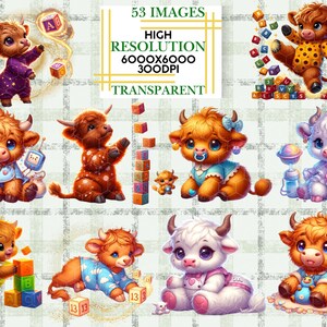 Highland Cow Clipart Bundle Cute Baby Cow Happy Toddler PNG ABC Blocks ...
