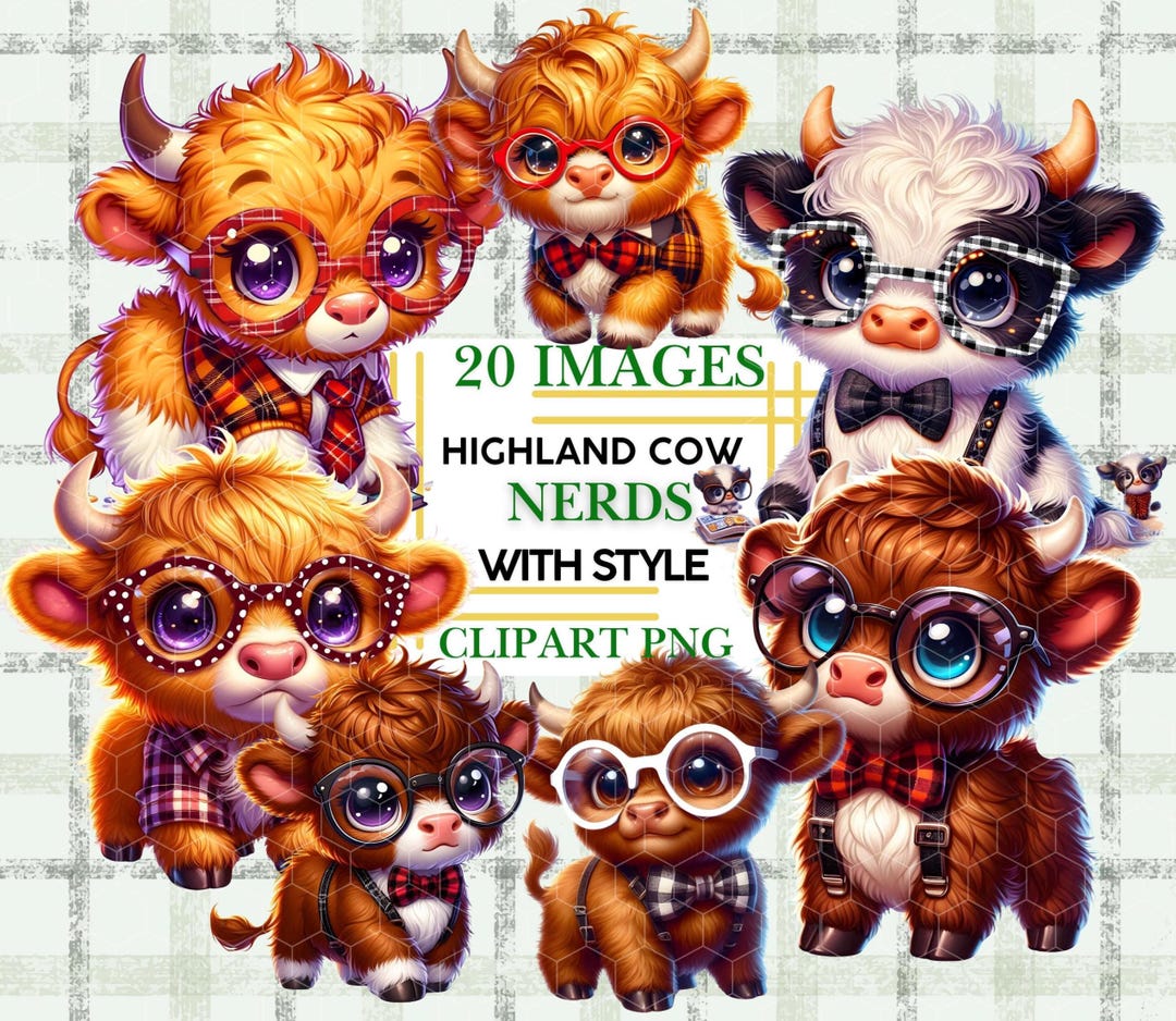Highland Cow Nerd Clipart Bundle Cute Baby Cow Happy Toddler PNG Farm ...