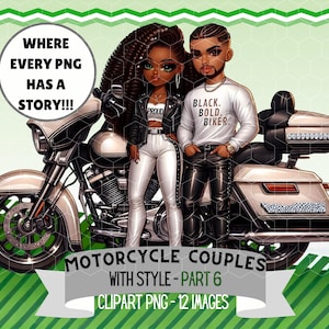 Black Biker Couple with Motorcycle Clipart, Cute Cartoon Couple, Man in Leather, Stylish Outfits PNG for Sublimation, Wall Art, Digital