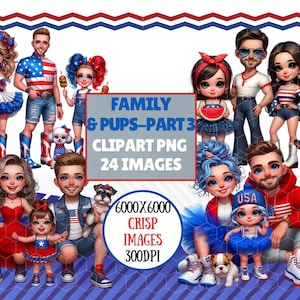 4. Juli Familie mit Welpen Clipart, liebevolles Paar mit rot-weiß-blauen Haaren und stilvollen Outfits, glücklicher Hund Vibes PNG Sublimation