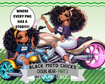 Afro Chibi Black Girls with Motorcycles & Trikes Clipart, Black Cartoon Biker Women with Crop Tops and Big Hair PNG for Sublimation Art