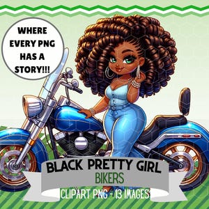 Schwarze Frauen Motorrad Clipart | Selbstbewusste hübsche Chibi-Mädchen mit großen Haaren und Absätzen | Digitales PNG für Aufkleber, Sublimationsprojekte