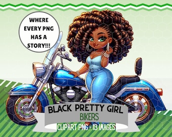 Black Women Motorcycle Clipart Bundle | Confident Pretty Chibi Girls with Big Hair & Heels | Digital PNG for Stickers, Sublimation Projects
