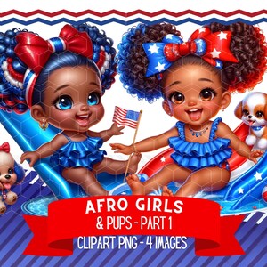 4 juillet fille noire avec chiot, clipart patriotique afrocentrique avec chien espiègle, toboggan aquatique amusant art PNG sublimation DTF