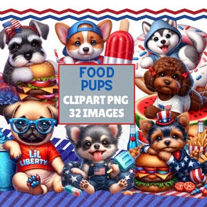 4. Juli Verspielter Hund mit Essen Clipart, niedlichen patriotischen Haustierrassen, wunderliche rot, weiß und blau USA-Flagge Sterne und Streifen PNG Sublimation