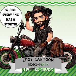 May include: Cartoon illustration of a biker on a red motorcycle. The biker wears a black leather jacket, cowboy hat, and gloves. The image includes text that reads "WHERE EVERY PNG HAS A STORY!!!" and "EDGY CARTOON BIKERS - PART 3".
