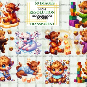 Highland Cow Clipart Bundle Cute Baby Cow Happy Toddler PNG ABC Blocks ...