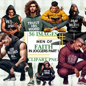 May include: Digital art featuring six men in athletic wear, each with a different pose and message. The image includes text such as "Trust His Word," "Pray and Believe," and "God Restores All." The overall theme is faith and spirituality.