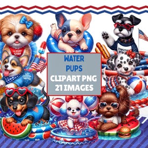 4 juillet Clipart flotteur chien, caniche patriotique mignon, Husky, chihuahua, bouledogue, chiens d'été piscine avec sucettes glacées et pastèque