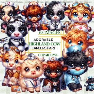 Highland Kuh Karriere Clipart Bundle niedlich Arzt Krankenschwester Pilot Steward Baby Kleinkind PNG Bauernhof Tier Spaß Wand Kunst Sublimation digitaler Download