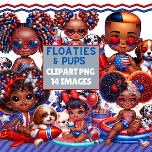 4. Juli schwarz Kinder Clipart mit Welpen & stilvollen Haaren, Vaterländischen Kleinkind in Floaties, Sommer Wassermelone Rakete Fun Art PNG Sublimation