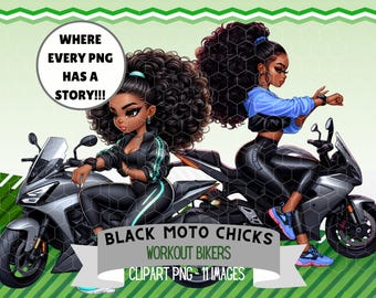 Black Cartoon Women Biker Yoga Clipart | Motorcycle & Trike PNG Bundle | Motorbike Sportswear Windbreaker | Sublimation and Planner Stickers
